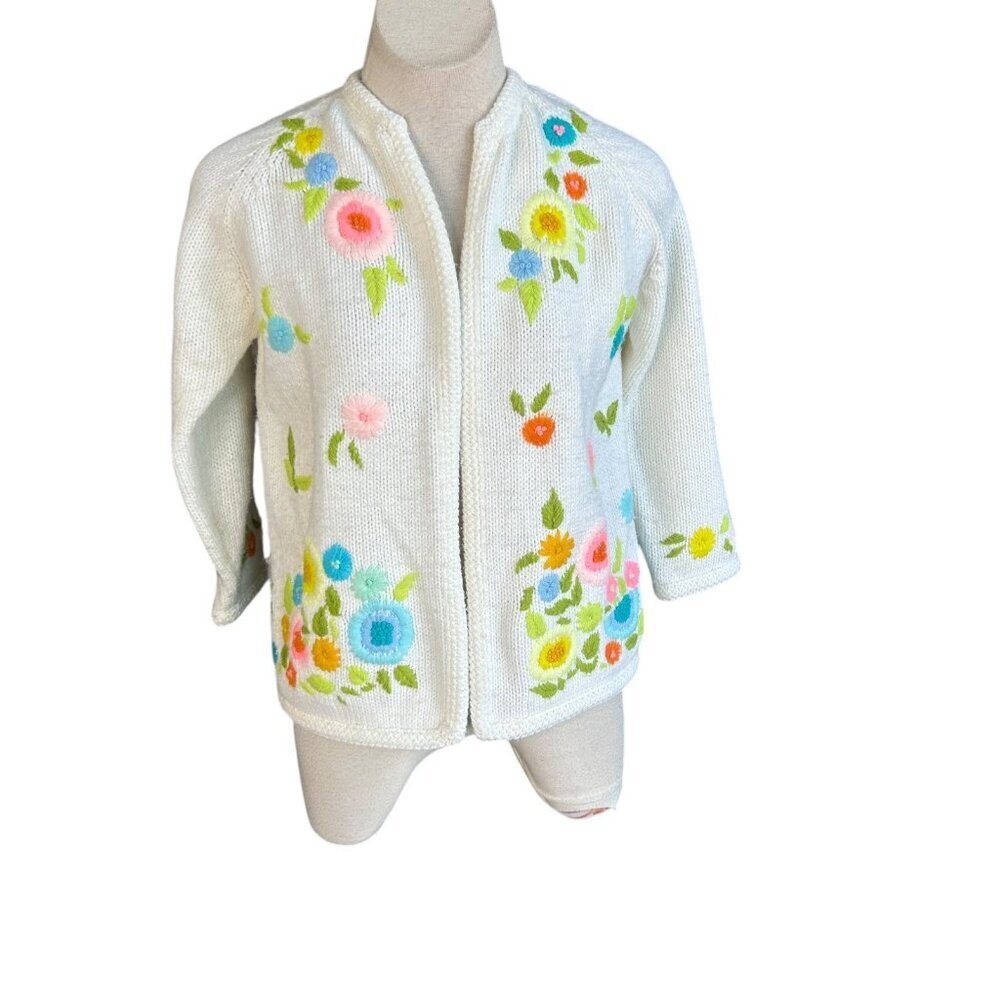 Vintage 60s Mod Embroidered Flowers Open Drape Cardigan Sweater - Picture 2 of 9